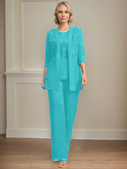 Jumpsuit/Pantsuit Separates Scoop Floor-Length Chiffon Lace Mother of the Bride Dress With Sequins