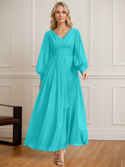 A-line V-Neck Ankle-Length Chiffon Mother of the Bride Dress With Cascading Ruffles Beading Sequins