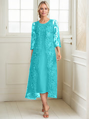 A-line Scoop Tea-Length Lace Chiffon Mother of the Bride Dress