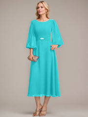 A-line Scoop Tea-Length Chiffon Mother of the Bride Dress With Crystal Brooch Pleated