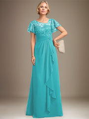 A-line Asymmetrical Illusion Floor-Length Lace Chiffon Mother of the Bride Dress With Cascading Ruffles Sequins