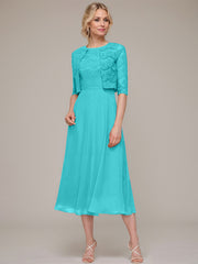 A-line/Princess Scoop Tea-Length Chiffon Mother of the Bride Dress With Lace Jacket