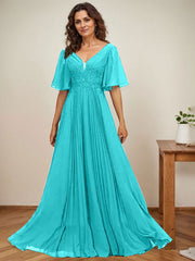 A-line V-Neck Floor-Length Chiffon Mother of the Bride Dress With Sequins Appliques Lace Pleated