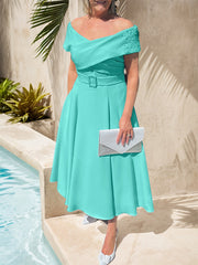 A-Line Off-The-Shoulder Tea-Length Chiffon Mother Of The Bride Dresses With Beading