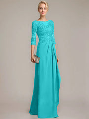 A-line Scoop Illusion Floor-Length Chiffon Lace Mother of the Bride Dress With Beading Sequins Cascading Ruffles