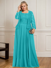 A-line Square Floor-Length Lace Chiffon Mother of the Bride Dress With Sequins