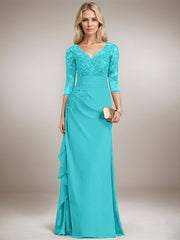 A-line V-Neck Floor-Length Lace Chiffon Mother of the Bride Dress With Cascading Ruffles