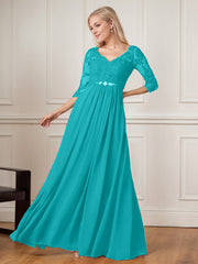 A-Line Floor-Length V-Neck Lace Chiffon Mother of the Bride Dress