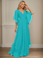 A-line V-Neck Floor-Length Chiffon Mother of the Bride Dress With Sequins Appliques Lace Beading
