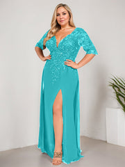 Sheath/Column V-Neck Floor-Length Lace Chiffon Mother of the Bride Dress With Sequins