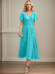 A-line V-Neck Tea-Length Lace Chiffon Mother of the Bride Dress