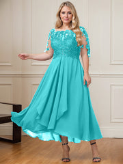 A-line Boat Neck Illusion Asymmetrical Lace Chiffon Mother of the Bride Dress With Cascading Ruffles Sequins