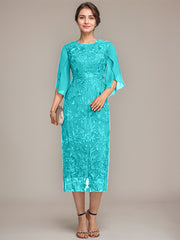 Sheath/Column Scoop Tea-Length Lace Chiffon Mother of the Bride Dress