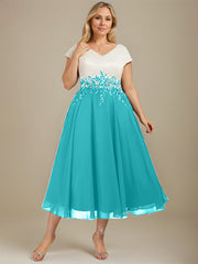 A-line V-Neck Tea-Length Satin Chiffon Mother of the Bride Dress With Appliques Lace
