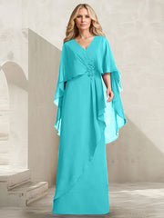 A-line V-Neck Floor-Length Chiffon Mother of the Bride Dress With Cascading Ruffles Beading