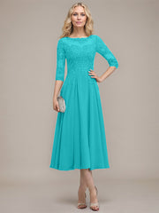 A-line Scoop Illusion Tea-Length Chiffon Lace Mother of the Bride Dress With Sequins Beading