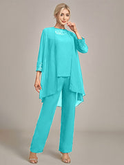 Navy Long Sleeves 3 Pieces Mother of the Bride Pant Suits