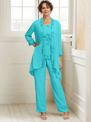 Elegant Appliques 3 Pieces Chiffon Mother of The Bride Jumpsuit with Wrap