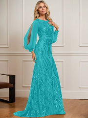 Trumpet/Mermaid Boat Neck Illusion Sweep Train Chiffon Sequin Evening Dress