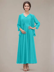 A-line V-Neck Ankle-Length Chiffon Mother of the Bride Dress With Sequins Appliques Lace Beading