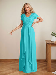 Elegant A-Line Chiffon V-neck Mother of the Brides Dresses Lace Top MOB Dresses