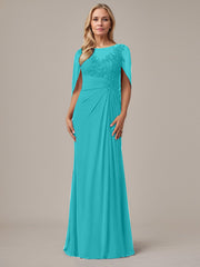 A-Line Floor-Length Boat-Neck Lace Capelet Chiffon Mother of the Bride Dress