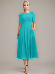 A-line Scoop Tea-Length Chiffon Mother of the Bride Dress With Appliques Lace Sequins