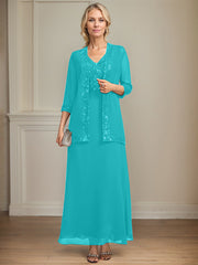 A-line V-Neck Ankle-Length Lace Sequin Chiffon Mother of the Bride Dress