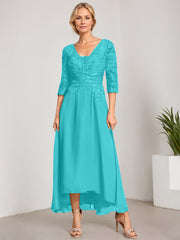 A-line V-Neck Asymmetrical Chiffon Lace Mother of the Bride Dress With Pleated Beading