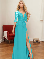 A-Line V-Neck 1/2 Sleeves Floor-Length Chiffon Mother Of The Bride Dresses With Lace