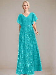 A-line V-Neck Floor-Length Lace Sequin Chiffon Mother of the Bride Dress With Pleated