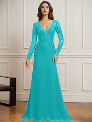Sheath/Column V-Neck Detachable Sweep Train Lace Tulle Chiffon Mother of the Bride Dress With Sequins