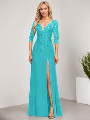 Sheath/Column V-Neck Floor-Length Lace Chiffon Mother of the Bride Dress With Sequins