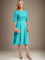 A-line Scoop Knee-Length Lace Chiffon Mother of the Bride Dress