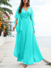 A-Line V-Neck Floor-Length Chiffon Mother Of The Bride Dresses With Appliques Lace