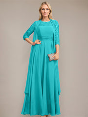 A-line Scoop Illusion Floor-Length Lace Chiffon Mother of the Bride Dress With Pleated