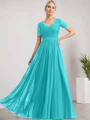 A-line V-Neck Floor-Length Lace Chiffon Mother of the Bride Dress