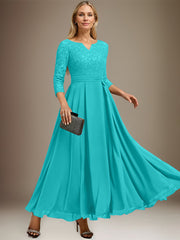 A-line V-Neck Ankle-Length Chiffon Lace Mother of the Bride Dress With Rhinestone