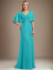 A-line V-Neck Floor-Length Chiffon Mother of the Bride Dress With Sequins Appliques Lace Pleated