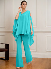 Separates Jumpsuit/Pantsuit V-Neck Floor-Length Chiffon Mother of the Bride Dress With Beading