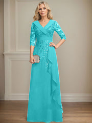 A-line Collared V-Neck Floor-Length Lace Chiffon Mother of the Bride Dress With Sequins Cascading Ruffles