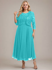 A-line Boat Neck Illusion Tea-Length Lace Chiffon Mother of the Bride Dress With Sequins