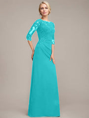 A-line Scoop Floor-Length Chiffon Lace Mother of the Bride Dress With Sequins Beading Pleated