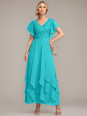 A-line V-Neck Ankle-Length Lace Chiffon Mother of the Bride Dress With Cascading Ruffles