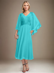A-line V-Neck Tea-Length Chiffon Lace Mother of the Bride Dress With Sequins Beading
