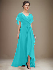 A-line V-Neck Asymmetrical Chiffon Mother of the Bride Dress With Sequins Beading Cascading Ruffles