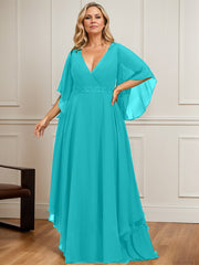 A-line V-Neck Floor-Length Chiffon Mother of the Bride Dress With Sequins Appliques Lace Beading