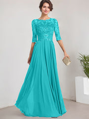 A-line Scoop Illusion Floor-Length Lace Chiffon Mother of the Bride Dress With Pleated Sequins