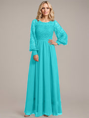 A-line Scoop Illusion Floor-Length Lace Chiffon Mother of the Bride Dress