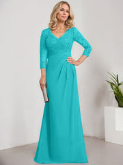 Sheath/Column V-Neck Illusion Floor-Length Lace Chiffon Mother of the Bride Dress With Pleated Sequins